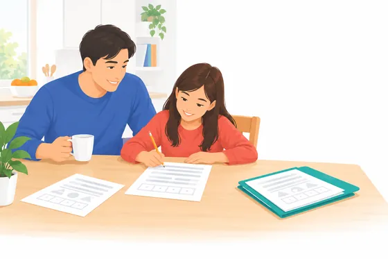 A father and his daughter working through a worksheet at the kitchen table