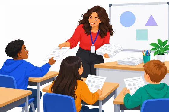 A teacher handing out printed worksheets to students in a classroom