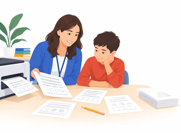 A parent and a child looking at freshly printed math worksheets